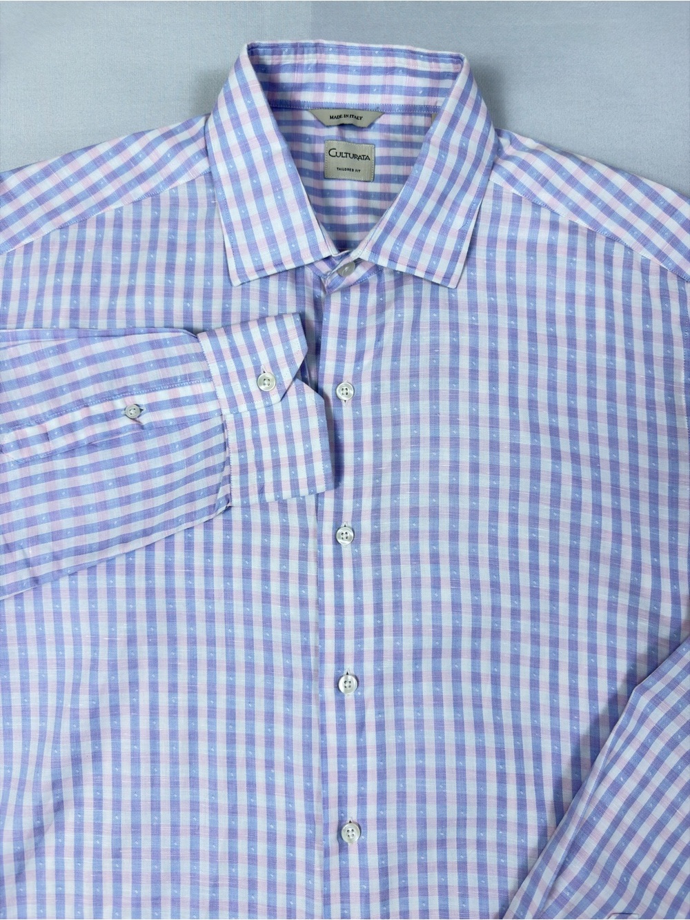 Culturata Tailored Fit Linen Cotton Dress Shirt Check Made in Italy